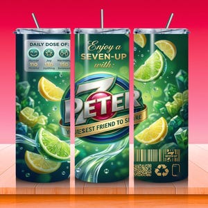 May include: A stainless steel tumbler with a green and white design featuring the 7-Up logo and Peter. The tumbler is decorated with lemon and lime slices, and the text "Enjoy a Seven-Up with Peter, Your Best Friend to Share."