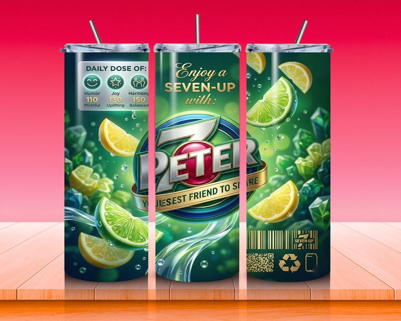 May include: A stainless steel tumbler with a green and white design featuring the 7-Up logo and Peter. The tumbler is decorated with lemon and lime slices, and the text "Enjoy a Seven-Up with Peter, Your Best Friend to Share."