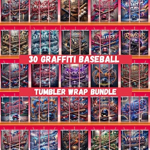 Puede incluir: Un conjunto de 30 diseños de vasos con temática de béisbol, cada uno con un diseño único de estilo grafiti. Los diseños muestran nombres de equipos, logotipos y gráficos relacionados con el béisbol en colores vibrantes. El texto "30 GRAFFITI BASEBALL TUMBLER WRAP BUNDLE" está presente.