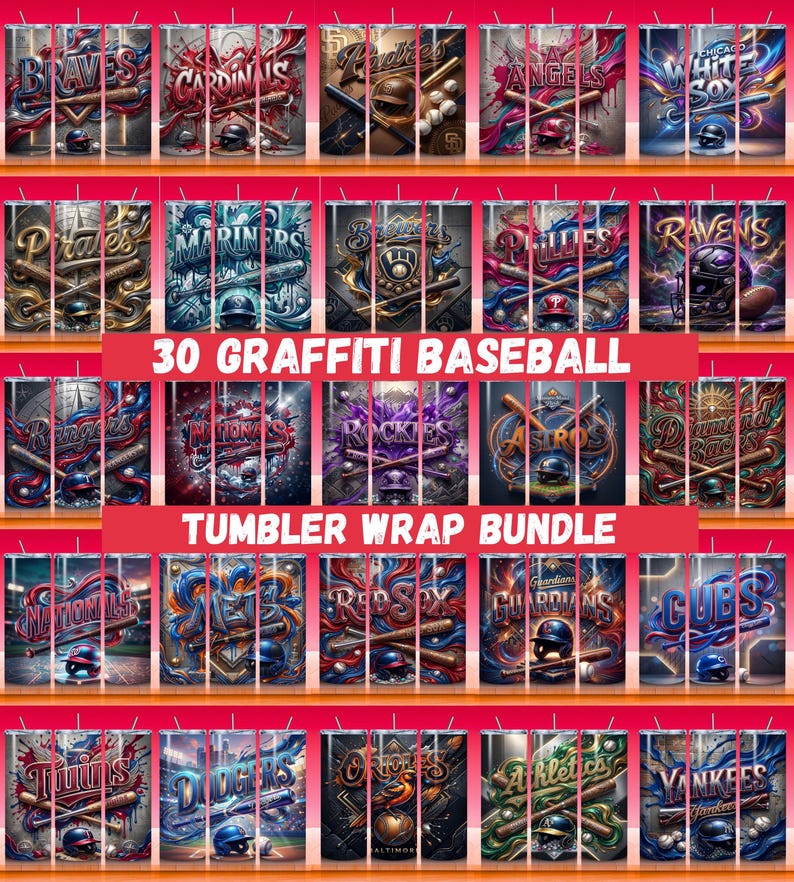 Graffiti basebollmössa med omslagspapper | 30 lag PNG (sublimeringsdesign för smala tumblers på 20oz) bild 1