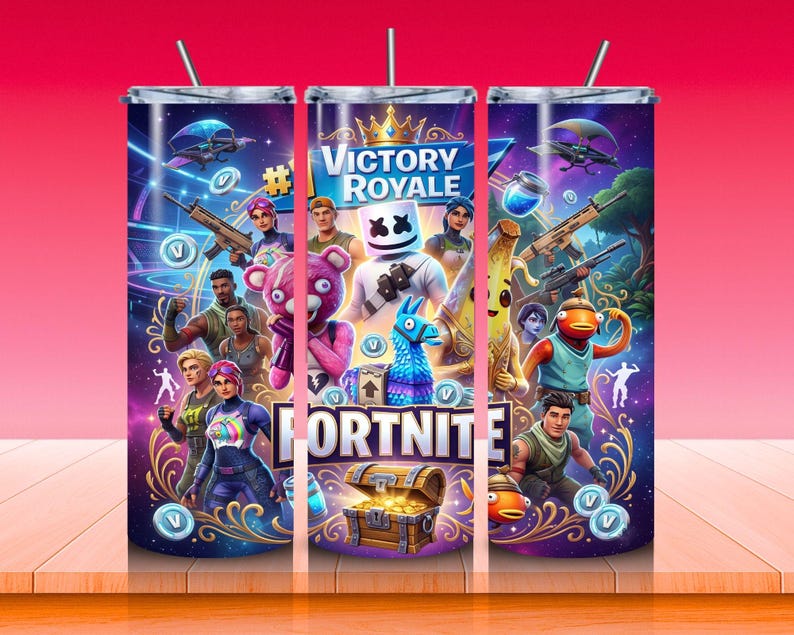 May include: A stainless steel tumbler featuring a vibrant Fortnite design. The design includes characters, the words "Victory Royale" and "Fortnite", and a treasure chest. The tumbler has a straw and is set against a gradient background.