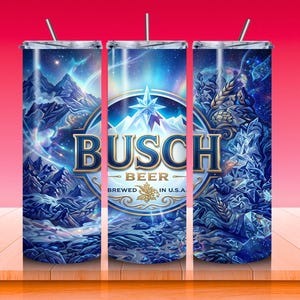May include: A set of three stainless steel insulated tumblers with a wrap-around design. The design features the Busch Beer logo, mountains, and a starry night sky in shades of blue and white. Each tumbler has a silver straw.