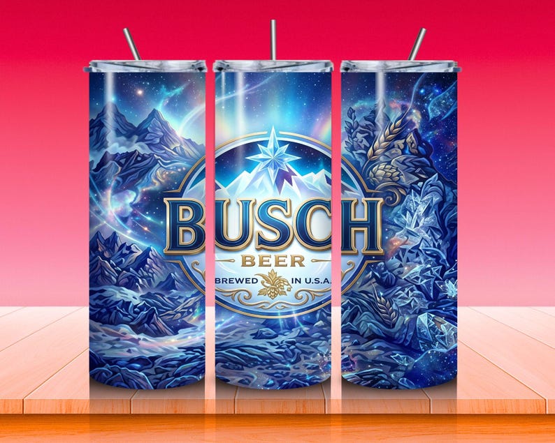 May include: A set of three stainless steel insulated tumblers with a wrap-around design. The design features the Busch Beer logo, mountains, and a starry night sky in shades of blue and white. Each tumbler has a silver straw.