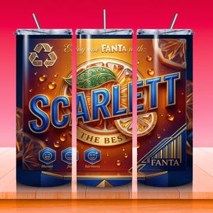 May include: A stainless steel tumbler with a vibrant design featuring the name "SCARLETT" in blue, surrounded by orange slices and water droplets. The design includes the Fanta logo and a recycling symbol, with a straw.