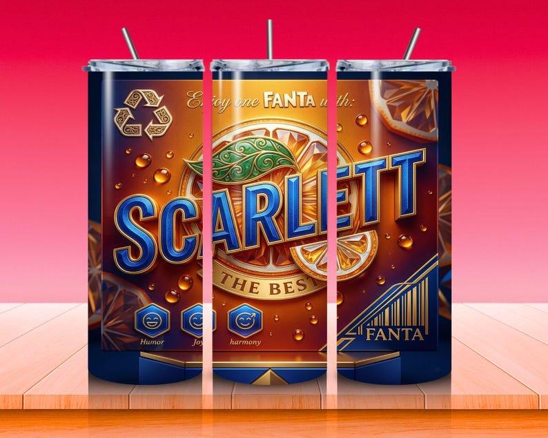 May include: A stainless steel tumbler with a vibrant design featuring the name "SCARLETT" in blue, surrounded by orange slices and water droplets. The design includes the Fanta logo and a recycling symbol, with a straw.