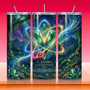 May include: A 20 oz. tumbler with a fantasy forest design. The artwork features a large green 'V' emblem with a leaf and atom design, surrounded by a forest scene with mountains, trees, and glowing blue and gold accents. Includes a straw.