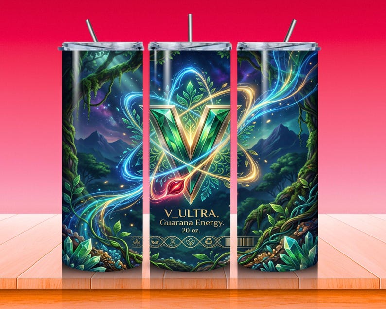 May include: A 20 oz. tumbler with a fantasy forest design. The artwork features a large green 'V' emblem with a leaf and atom design, surrounded by a forest scene with mountains, trees, and glowing blue and gold accents. Includes a straw.