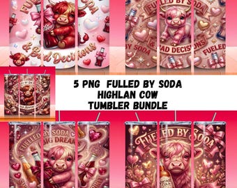 Fueled By Soda and Smut & Bad Decisions Tumbler Wrap, 20oz Skinny Sublimation, Bookish Tumbler Design, Funny Highland Cow 3d Puffy PNG