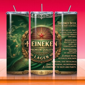 May include: A green and gold Heineken Lager tumbler with a straw. The design includes the Heineken logo, a red star, and text that reads "The Only Beer, Enjoyed in Many Countries." The tumbler is on a wooden surface.