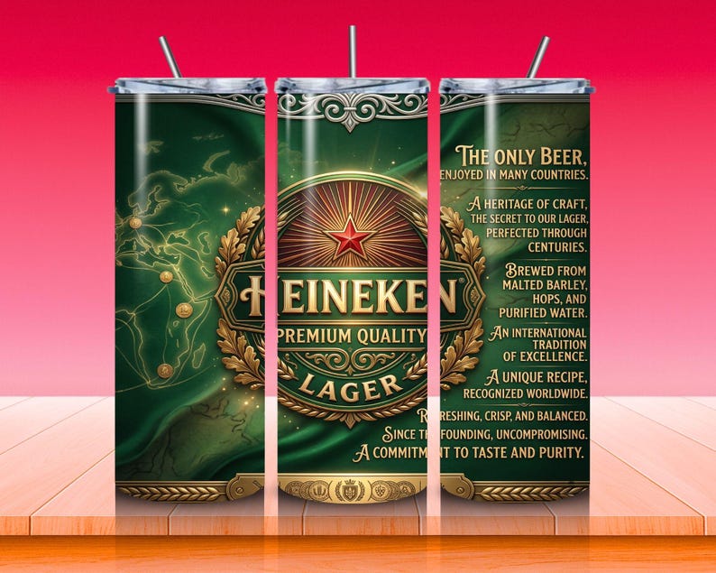 May include: A green and gold Heineken Lager tumbler with a straw. The design includes the Heineken logo, a red star, and text that reads "The Only Beer, Enjoyed in Many Countries." The tumbler is on a wooden surface.