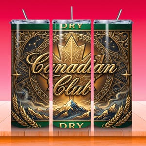 May include: A set of three stainless steel tumblers with a decorative design. The tumblers feature the words "Canadian Club" in gold script, a gold maple leaf, and a mountain scene. The tumblers have a green top and bottom and include a straw.