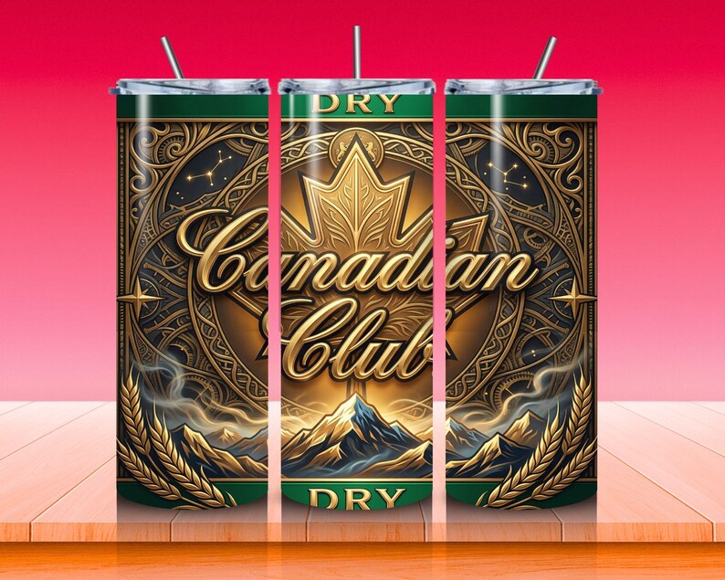 May include: A set of three stainless steel tumblers with a decorative design. The tumblers feature the words "Canadian Club" in gold script, a gold maple leaf, and a mountain scene. The tumblers have a green top and bottom and include a straw.