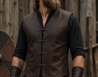 Chaleco de cuero vikingo medieval para hombre, chaleco de disfraz de guerrero nórdico, chaleco de armadura para feria renacentista, chaleco de cuero para LARP, chaleco vikingo marrón hecho a mano