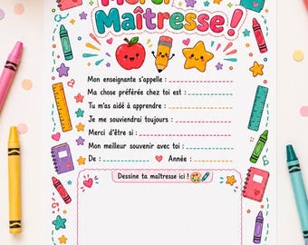 Carte Merci Maîtresse Imprimable, Cadeau Fin d'Année Scolaire, Carta stampabile di ringraziamento per l'insegnante francese, Kawaii Carte Enseignante