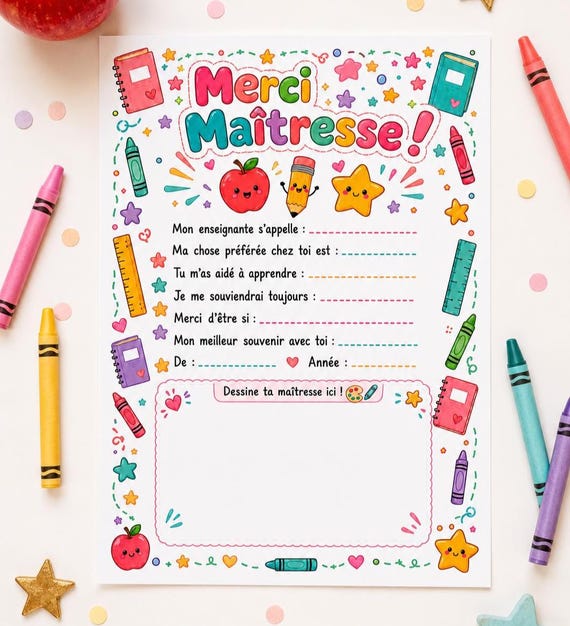 Cadeau Maitresse Imprimable, Merci Maitresse Carte, Cadeau Fin Annee Scolaire, Carte Merci Enseignante Kawaii Printable