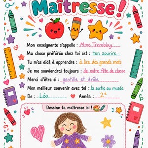 May include: A colourful printable teacher appreciation card featuring the French text Merci Ma&icirc;tresse! surrounded by illustrations of notebooks, crayons, rulers, apples, and stars. The card includes fill-in-the-blank lines for student messages and a box for a drawing.