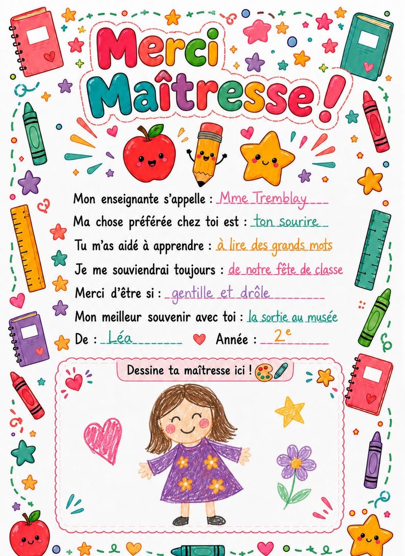 May include: A colourful printable teacher appreciation card featuring the French text Merci Ma&icirc;tresse! surrounded by illustrations of notebooks, crayons, rulers, apples, and stars. The card includes fill-in-the-blank lines for student messages and a box for a drawing.