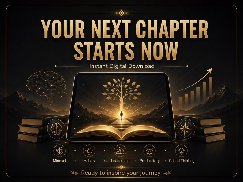 Puede incluir: Un gr&aacute;fico digital con el texto "YOUR NEXT CHAPTER STARTS NOW" y "Instant Digital Download" sobre una tableta que muestra un libro abierto con un &aacute;rbol brillante. Debajo hay iconos para Mindset, Habits, Leadership, Productivity y Critical Thinking.