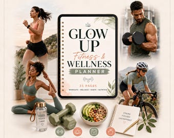 Glow Up Fitness & Wellness Planner | 35-sidig tränings-, kost-, vane- och framstegspaket