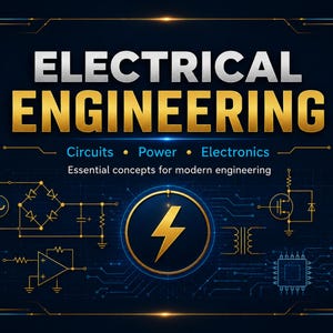 May include: A dark blue graphic poster titled ELECTRICAL ENGINEERING in silver and gold text. It features a central gold lightning bolt icon, various electronic circuit diagrams, and the text: Circuits, Power, Electronics, Essential concepts for modern engineering.
