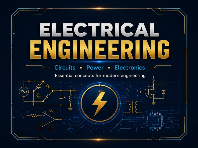 May include: A dark blue graphic poster titled ELECTRICAL ENGINEERING in silver and gold text. It features a central gold lightning bolt icon, various electronic circuit diagrams, and the text: Circuits, Power, Electronics, Essential concepts for modern engineering.