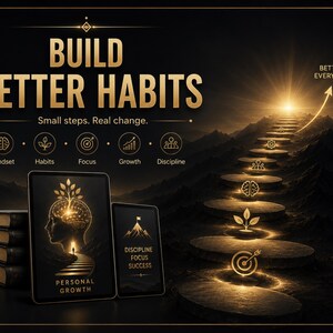 Puede incluir: Un gr&aacute;fico digital con el texto BUILD BETTER HABITS y Small steps. Real change. Muestra dos tabletas con im&aacute;genes de crecimiento personal, una pila de libros y un camino brillante que sube una monta&ntilde;a con iconos para mindset, habits, focus, growth y discipline.