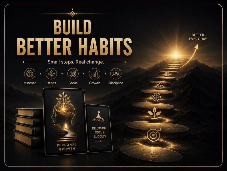 Puede incluir: Un gr&aacute;fico digital con el texto BUILD BETTER HABITS y Small steps. Real change. Muestra dos tabletas con im&aacute;genes de crecimiento personal, una pila de libros y un camino brillante que sube una monta&ntilde;a con iconos para mindset, habits, focus, growth y discipline.