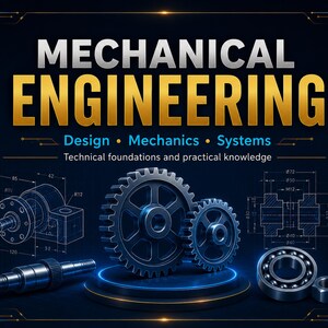 May include: A dark blue graphic featuring the text MECHANICAL ENGINEERING, Design, Mechanics, Systems, and Technical foundations and practical knowledge. It displays blue technical gear diagrams, a metal shaft, a ball bearing, and a nut.