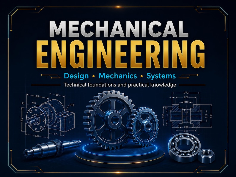 May include: A dark blue graphic featuring the text MECHANICAL ENGINEERING, Design, Mechanics, Systems, and Technical foundations and practical knowledge. It displays blue technical gear diagrams, a metal shaft, a ball bearing, and a nut.