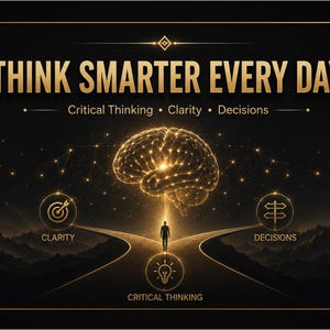 Puede incluir: Un p&oacute;ster gr&aacute;fico con el texto THINK SMARTER EVERY DAY, Critical Thinking, Clarity y Decisions. Un cerebro dorado brillante flota sobre la silueta de una persona en una bifurcaci&oacute;n, con iconos para la claridad y las decisiones.