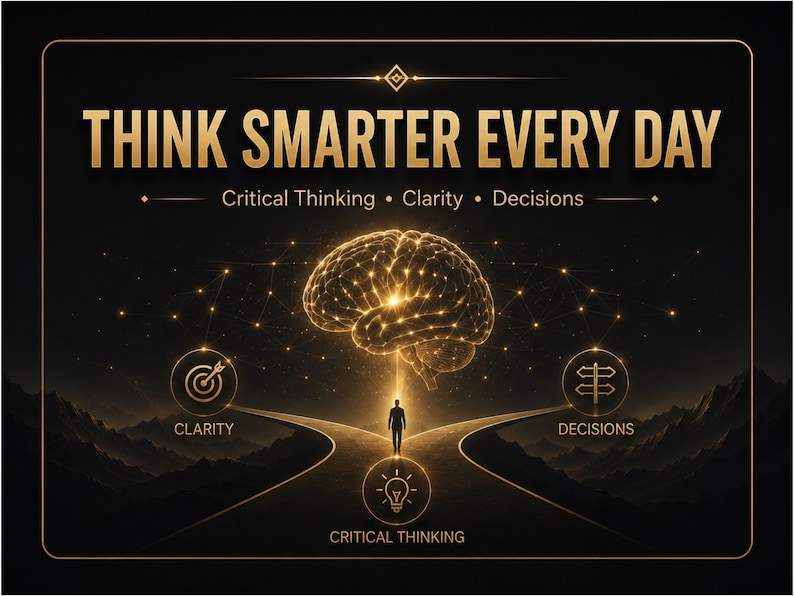 Puede incluir: Un p&oacute;ster gr&aacute;fico con el texto THINK SMARTER EVERY DAY, Critical Thinking, Clarity y Decisions. Un cerebro dorado brillante flota sobre la silueta de una persona en una bifurcaci&oacute;n, con iconos para la claridad y las decisiones.