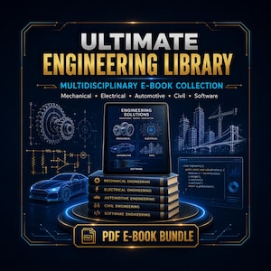 May include: A digital graphic featuring the text ULTIMATE ENGINEERING LIBRARY and MULTIDISCIPLINARY E-BOOK COLLECTION. A tablet sits atop a stack of five books labeled Mechanical, Electrical, Automotive, Civil, and Software Engineering. PDF E-BOOK BUNDLE.