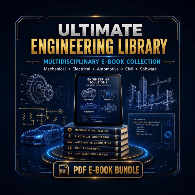 May include: A digital graphic featuring the text ULTIMATE ENGINEERING LIBRARY and MULTIDISCIPLINARY E-BOOK COLLECTION. A tablet sits atop a stack of five books labeled Mechanical, Electrical, Automotive, Civil, and Software Engineering. PDF E-BOOK BUNDLE.