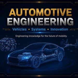 May include: A digital graphic titled AUTOMOTIVE ENGINEERING with the subtitle Vehicles &bull; Systems &bull; Innovation and the text Engineering knowledge for the future of mobility. It features a blue wireframe sedan, an engine, and a chassis diagram.