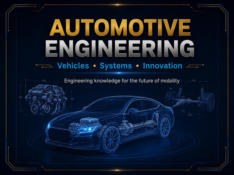May include: A digital graphic titled AUTOMOTIVE ENGINEERING with the subtitle Vehicles &bull; Systems &bull; Innovation and the text Engineering knowledge for the future of mobility. It features a blue wireframe sedan, an engine, and a chassis diagram.