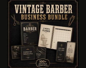 Vintage Barber Business Bundle – Planerare, Prislista, Mallar för Sociala Medier