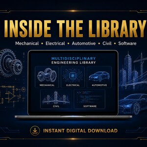 May include: A laptop screen displays the text INSIDE THE LIBRARY and MULTIDISCIPLINARY ENGINEERING LIBRARY with icons for mechanical, electrical, automotive, civil, and software engineering. The dark blue background features technical line drawings.