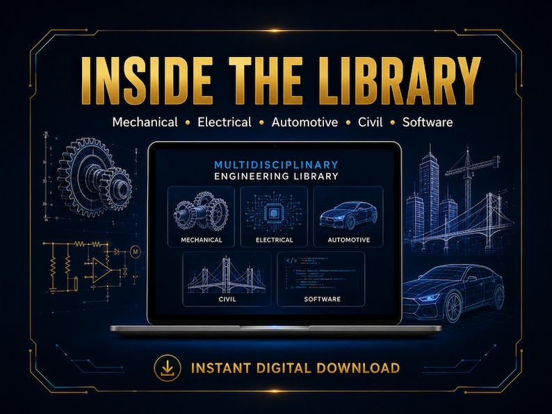 May include: A laptop screen displays the text INSIDE THE LIBRARY and MULTIDISCIPLINARY ENGINEERING LIBRARY with icons for mechanical, electrical, automotive, civil, and software engineering. The dark blue background features technical line drawings.