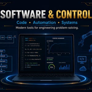 May include: A laptop displaying code and a control dashboard with graphs, surrounded by blue digital diagrams of a robotic arm, a flowchart, and system icons. The text reads SOFTWARE & CONTROL, Code, Automation, Systems, and Modern tools for engineering problem-solving.