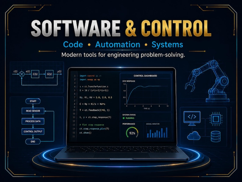 May include: A laptop displaying code and a control dashboard with graphs, surrounded by blue digital diagrams of a robotic arm, a flowchart, and system icons. The text reads SOFTWARE & CONTROL, Code, Automation, Systems, and Modern tools for engineering problem-solving.