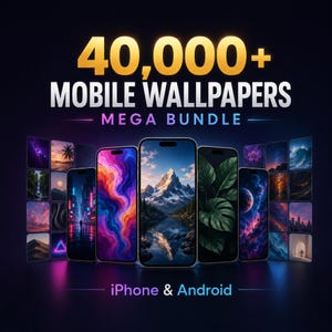 以下が含まれることがあります： 40,000+ MOBILE WALLPAPERS MEGA BUNDLEというタイトルのデジタルコレクション。風景、抽象画、自然のカラフルな画像を表示する複数のスマートフォンが並んでいます。グラフィックの下部にはiPhone & Androidというテキストが表示されています。