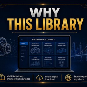 May include: A digital display showing an Engineering Library interface with categories for mechanical, electrical, automotive, civil, and software engineering. The screen features technical icons, a gear graphic, and text reading WHY THIS LIBRARY.