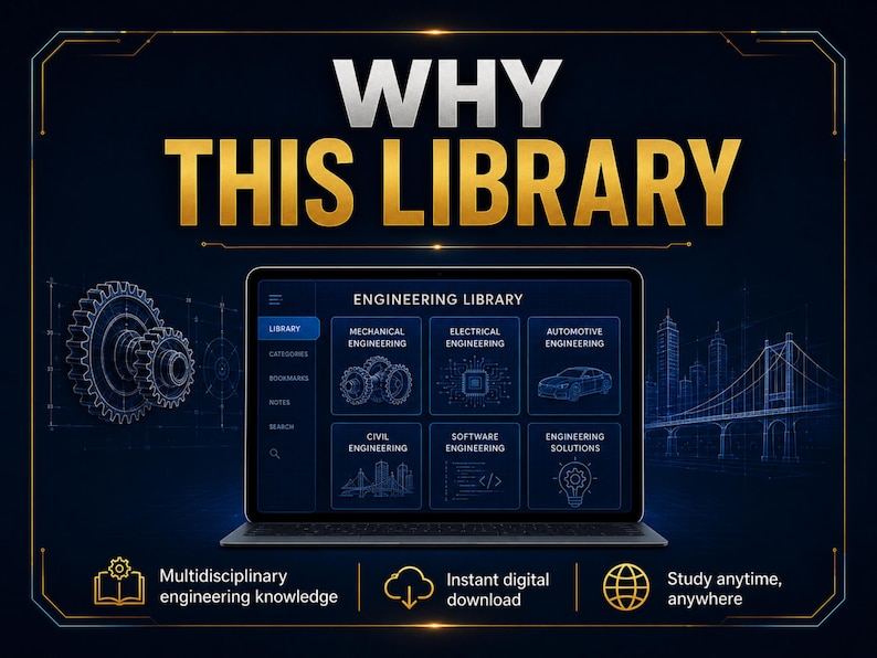 May include: A digital display showing an Engineering Library interface with categories for mechanical, electrical, automotive, civil, and software engineering. The screen features technical icons, a gear graphic, and text reading WHY THIS LIBRARY.