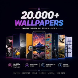 以下が含まれることがあります： 20,000+ WALLPAPERSおよびENDLESS CHOICES. ONE EPIC COLLECTION.というテキストが表示されたデジタル画像。中央のスマートフォンには山の風景が映し出され、その周囲にはアニメや自然など、さまざまな縦型の壁紙デザインが並んでいます。