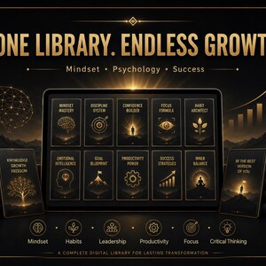 Puede incluir: Una pantalla de biblioteca digital con el texto ONE LIBRARY. ENDLESS GROWTH. e iconos dorados y etiquetas que incluyen Mindset Mastery, Discipline System, Confidence Builder, Focus Formula, Habit Architect, Emotional Intelligence, Goal Blueprint, Productivity Power, Success Strategies e Inner Balance.