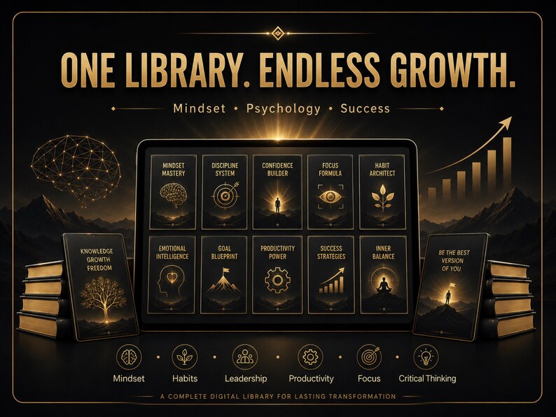 Puede incluir: Una pantalla de biblioteca digital con el texto ONE LIBRARY. ENDLESS GROWTH. e iconos dorados y etiquetas que incluyen Mindset Mastery, Discipline System, Confidence Builder, Focus Formula, Habit Architect, Emotional Intelligence, Goal Blueprint, Productivity Power, Success Strategies e Inner Balance.