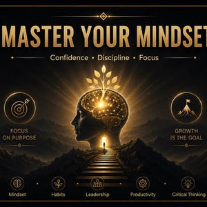Puede incluir: Un p&oacute;ster gr&aacute;fico en negro y dorado titulado MASTER YOUR MINDSET. Presenta la silueta de una cabeza con un cerebro y un &aacute;rbol brillantes, un camino hacia una puerta e iconos de confianza, disciplina, enfoque, crecimiento, mentalidad, h&aacute;bitos, liderazgo, productividad y pensamiento cr&iacute;tico.