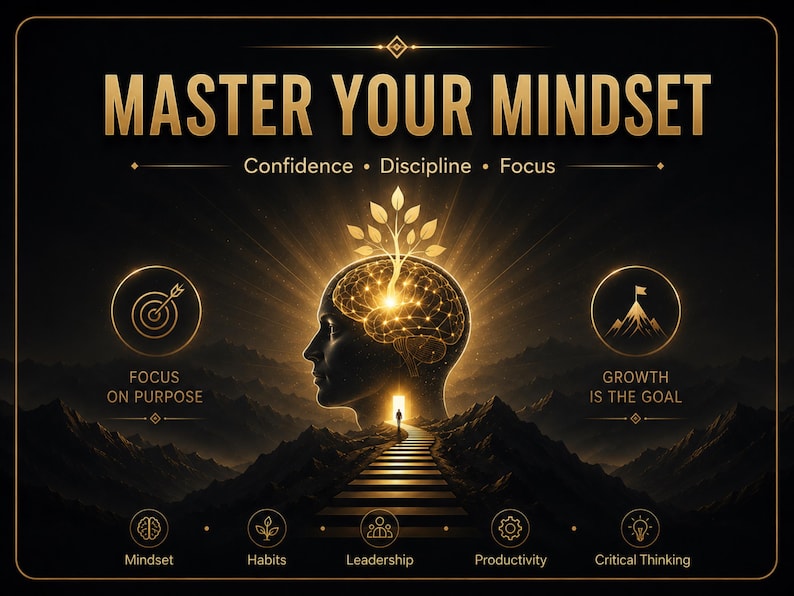 Puede incluir: Un p&oacute;ster gr&aacute;fico en negro y dorado titulado MASTER YOUR MINDSET. Presenta la silueta de una cabeza con un cerebro y un &aacute;rbol brillantes, un camino hacia una puerta e iconos de confianza, disciplina, enfoque, crecimiento, mentalidad, h&aacute;bitos, liderazgo, productividad y pensamiento cr&iacute;tico.