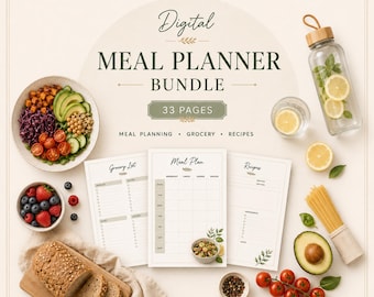 Digital matplanerare | 33 utskrivbara sidor, inköpslista, recept och matspårare