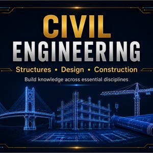 May include: A graphic poster with the text CIVIL ENGINEERING, Structures, Design, Construction, and Build knowledge across essential disciplines. It features blue wireframe illustrations of a bridge, a building, a crane, and blueprints.
